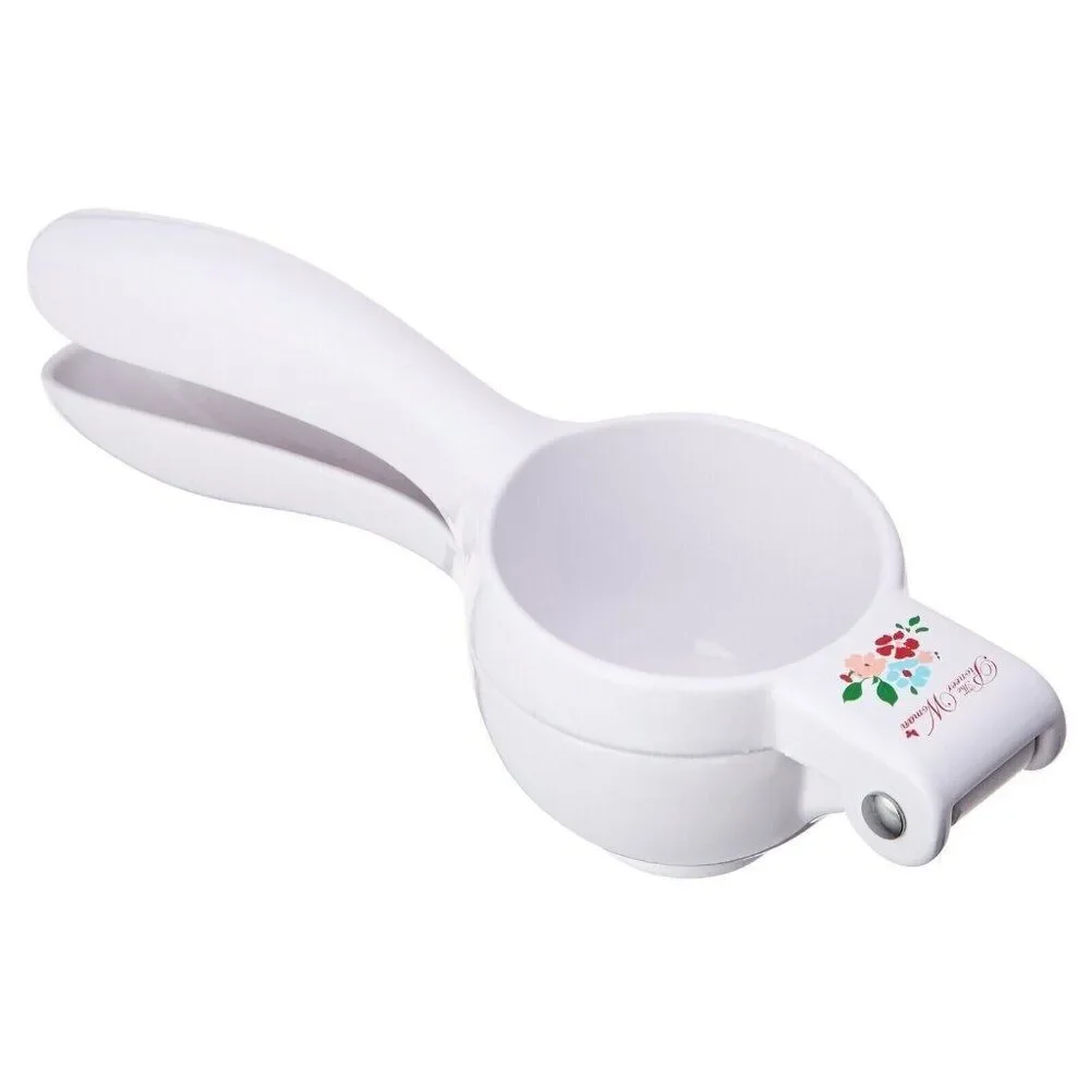 Pioneer Woman Garden Party Citrus Press Juicer Handheld Filter White Cast Iron